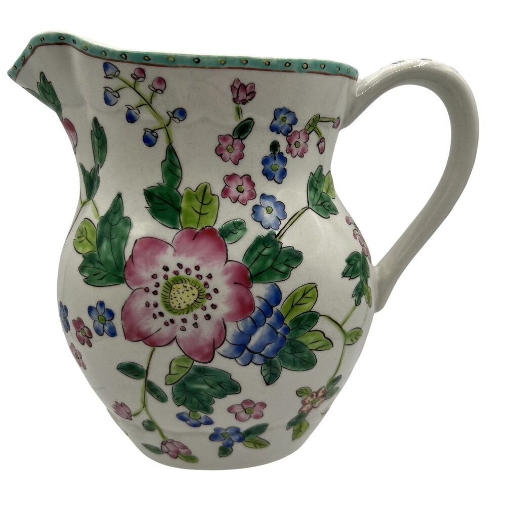Antique Hand Painted Floral Porcelain Pitcher Handle Scalloped Rim Butterflies